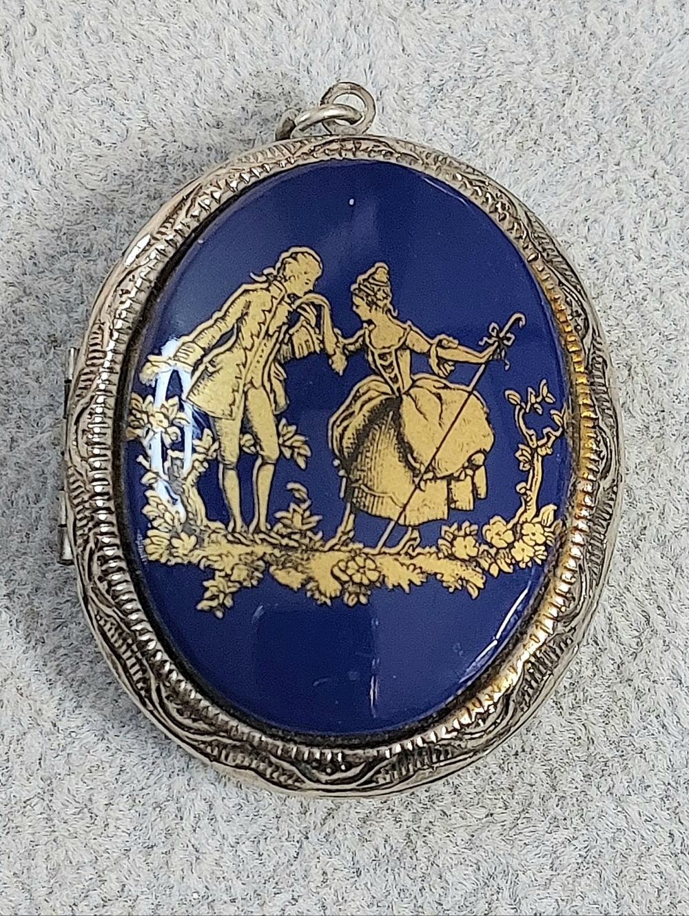 Vintage Blue Glass Locket Pendant with Gold Rococo Scene